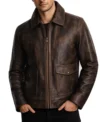 Mens brown adventure style leather jacket with a vintage hand waxed finish featuring two large front flap pockets and a classic shirt style collar