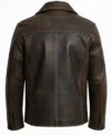 Mens brown adventure style leather jacket with a vintage hand waxed finish featuring two large front flap pockets and a classic shirt style collar back