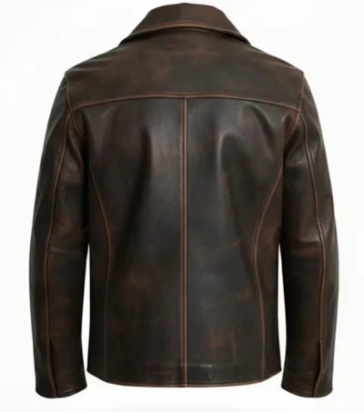 Mens brown adventure style leather jacket with a vintage hand waxed finish featuring two large front flap pockets and a classic shirt style collar back