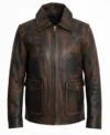 Mens brown adventure style leather jacket with a vintage hand waxed finish featuring two large front flap pockets and a classic shirt style collar front