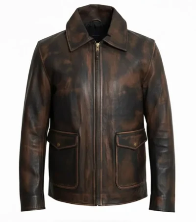 Mens brown adventure style leather jacket with a vintage hand waxed finish featuring two large front flap pockets and a classic shirt style collar front