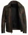 Mens brown adventure style leather jacket with a vintage hand waxed finish featuring two large front flap pockets and a classic shirt style collar front view
