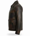 Mens brown adventure style leather jacket with a vintage hand waxed finish featuring two large front flap pockets and a classic shirt style collar left side