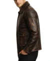 Mens brown adventure style leather jacket with a vintage hand waxed finish featuring two large front flap pockets and a classic shirt style collar left view