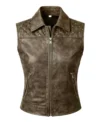 Sleeveless distressed leather vest for women featuring studded quilted shoulders a classic collar and a central silver dark brown