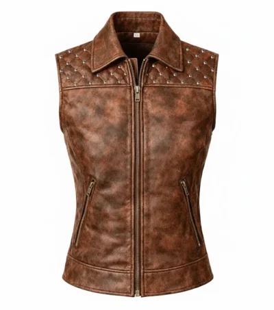 Sleeveless distressed leather vest for women featuring studded quilted shoulders a classic collar and a central silver zipper coffee brown