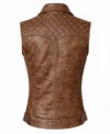 Sleeveless distressed leather vest for women featuring studded quilted shoulders a classic collar and a central silver zipper coffee brown back