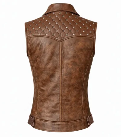 Sleeveless distressed leather vest for women featuring studded quilted shoulders a classic collar and a central silver zipper coffee brown back