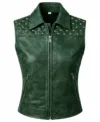 Sleeveless distressed leather vest for women featuring studded quilted shoulders a classic collar and a central silver zipper green