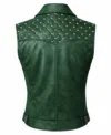 Sleeveless distressed leather vest for women featuring studded quilted shoulders a classic collar and a central silver zipper green back