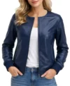 Women's Blue Lambskin Leather Bomber Jacket