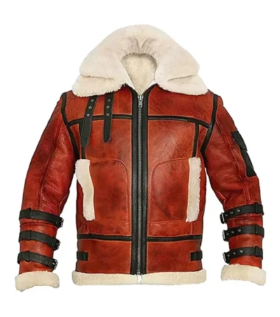 Bravonek Red B3 Aviator Leather Jacket Belted Collar Front View | B3 Leather Jacket