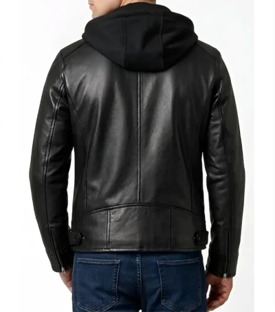 Buy Mens Black Biker Leather Jacket with Removable Hood