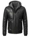 Buy Mens Black Removable Hood Bomber Leather Jacket