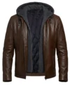Buy Mens Brown Detachable Grey Hooded Leather Jacket