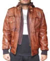 Buy Mens Brown Hooded Leather Bomber Jacket