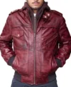 Buy Mens Burgundy Hooded Leather Bomber Jacket