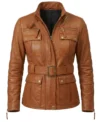 Buy Womens Brown Belted Multi Pocket Leather Jacket