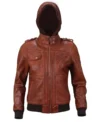 Buy Womens Brown Hooded Leather Bomber Jacket