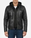Mens Black Biker Leather Jacket with Removable Hood