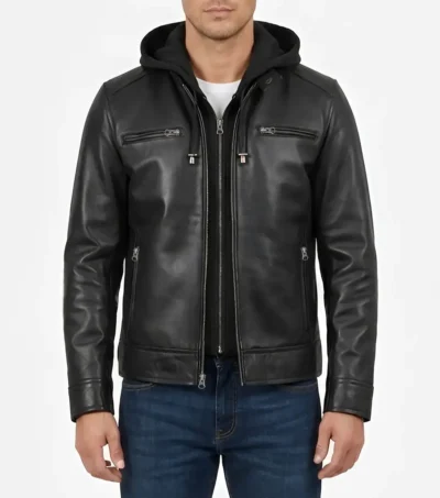 Mens Black Biker Leather Jacket with Removable Hood