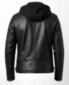 Mens Black Biker Leather Jacket with Removable Hood back