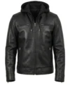 Mens Black Biker Leather Jacket with Removable Hood front