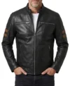 Mens Black Cafe Racer Leather Jacket with Tan Stripes