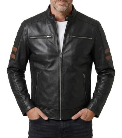 Mens Black Cafe Racer Leather Jacket with Tan Stripes