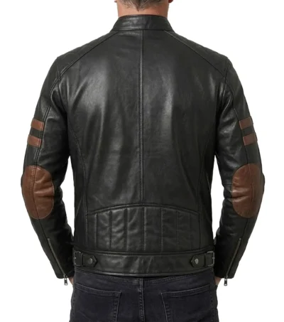 Mens Black Cafe Racer Leather Jacket with Tan Stripes back