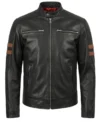 Mens Black Cafe Racer Leather Jacket with Tan Stripes front view