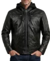 Mens Black Dual Chest Zip Hooded Leather Jacket