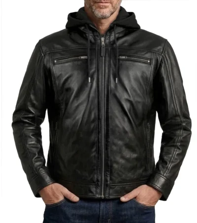Mens Black Dual Chest Zip Hooded Leather Jacket