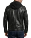 Mens Black Dual Chest Zip Hooded Leather Jacket back