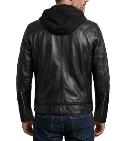 Mens Black Dual Chest Zip Hooded Leather Jacket back