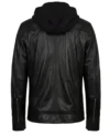 Mens Black Dual Chest Zip Hooded Leather Jacket back full view