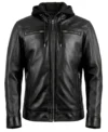 Mens Black Dual Chest Zip Hooded Leather Jacket front