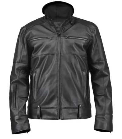 Mens Black Hooded Biker Leather Jacket