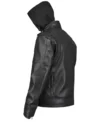 Mens Black Hooded Biker Leather Jacket back view