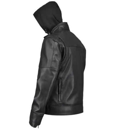 Mens Black Hooded Biker Leather Jacket back view