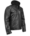 Mens Black Hooded Biker Leather Jacket front