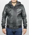 Mens Black Hooded Leather Bomber Jacket