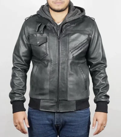 Mens Black Hooded Leather Bomber Jacket