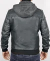 Mens Black Hooded Leather Bomber Jacket back full view