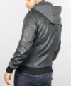 Mens Black Hooded Leather Bomber Jacket back pose