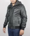 Mens Black Hooded Leather Bomber Jacket left pose