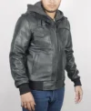Mens Black Hooded Leather Bomber Jacket side pose