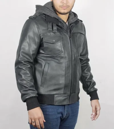Mens Black Hooded Leather Bomber Jacket side pose