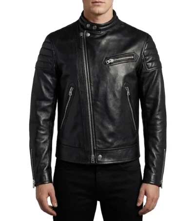 Mens Black Quilted Asymmetric Biker Leather Jacket