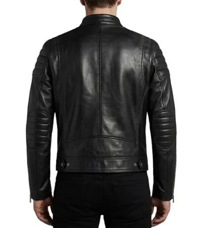 Mens Black Quilted Asymmetric Biker Leather Jacket back